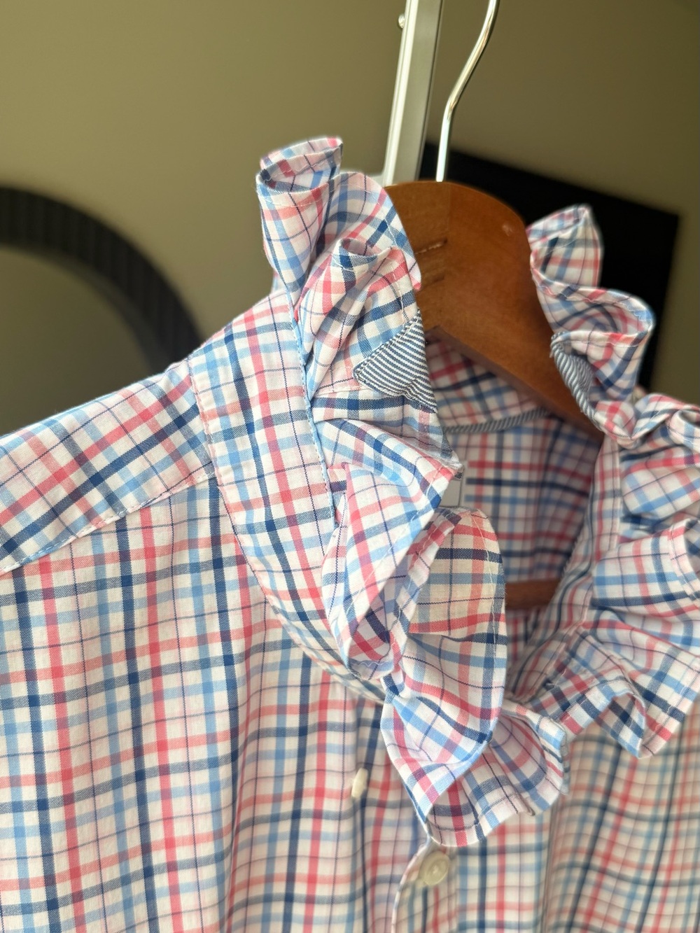 Reloved Upcycle ♻️ crown & ivy Pink Blue and White Plaid Ruffle Collar Blouse